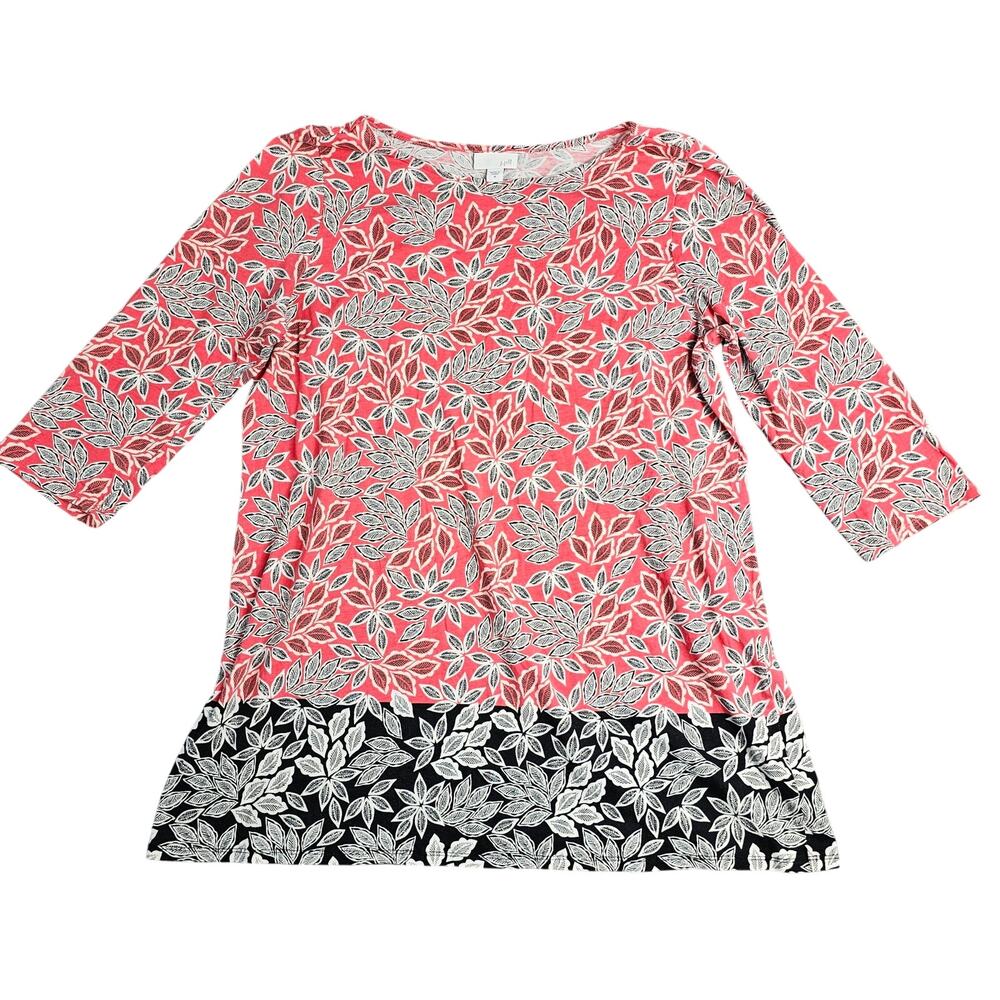 J Jill Leaf Print Tunic Top Contrast Border Hem Size M Coral Black Modal Blend